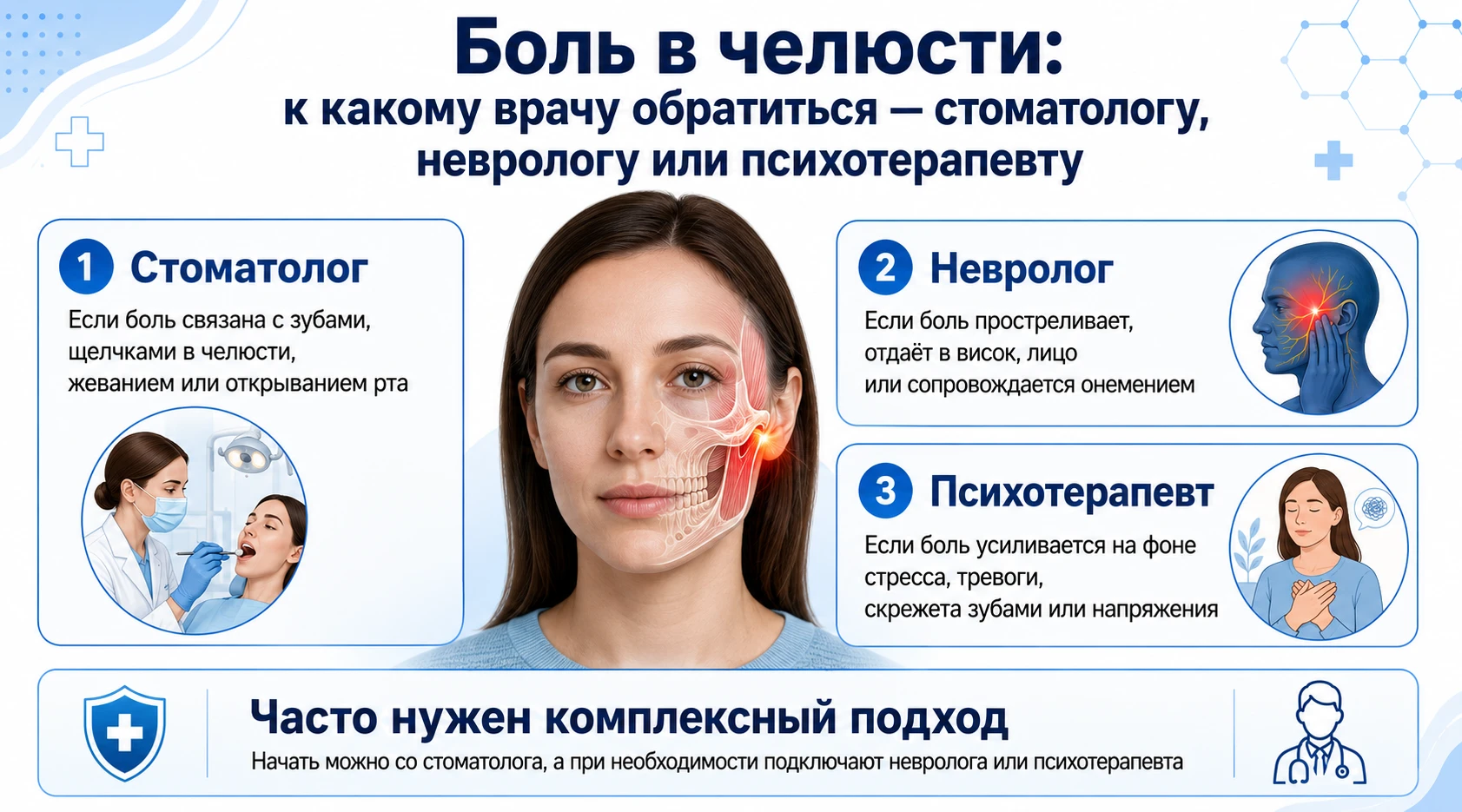 Боль в челюсти: причины, диагностика, когда к какому врачу идти