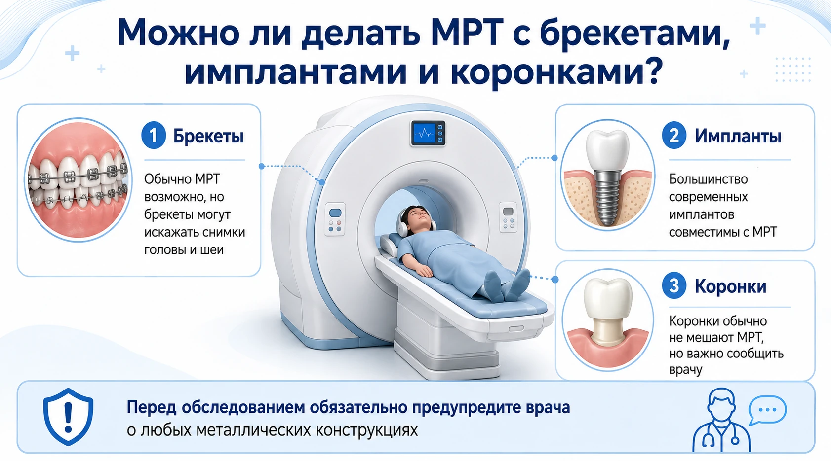 Можно ли делать МРТ с брекетами, имплантами и коронками